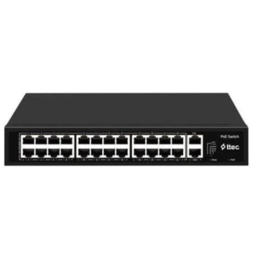 TTEC 26300PG 24 Port 10/100 Mbps PoE+ Unmanaged Switch – 2 Gigabit Uplink, 300 W PoE Bütçesi resmi