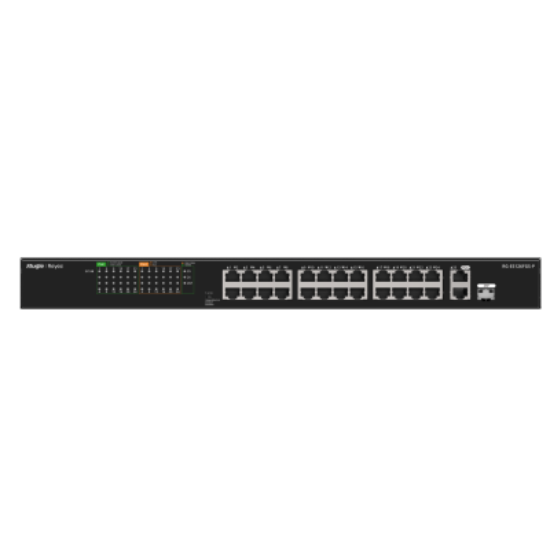 Ruijie Reyee RG-ES126FGS-P 24-Port PoE+ Unmanaged Switch – 24× PoE+ & 2× Gigabit Uplink, 370 W resmi
