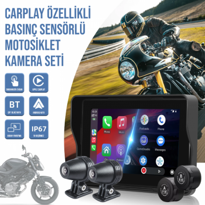 Nicecam NC-422CPT 1080P 2 Kameralı Apple Carplay & Android Auto Özellikli Lastik Basınç Sensörlü Motosiklet Kamera Seti resmi